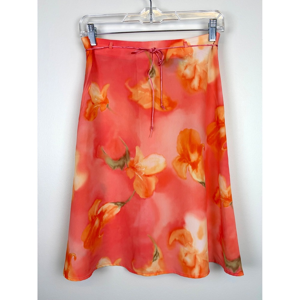 Exact Change Floral Midi Skirt 3 Orange Y2K Tropical Hibiscus Satin Belt Fairy